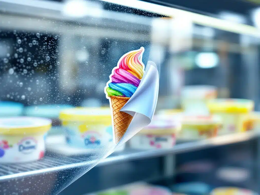Ice cream promotional sticker peeling cleanly from frosted freezer door, revealing containers inside without leaving residue
